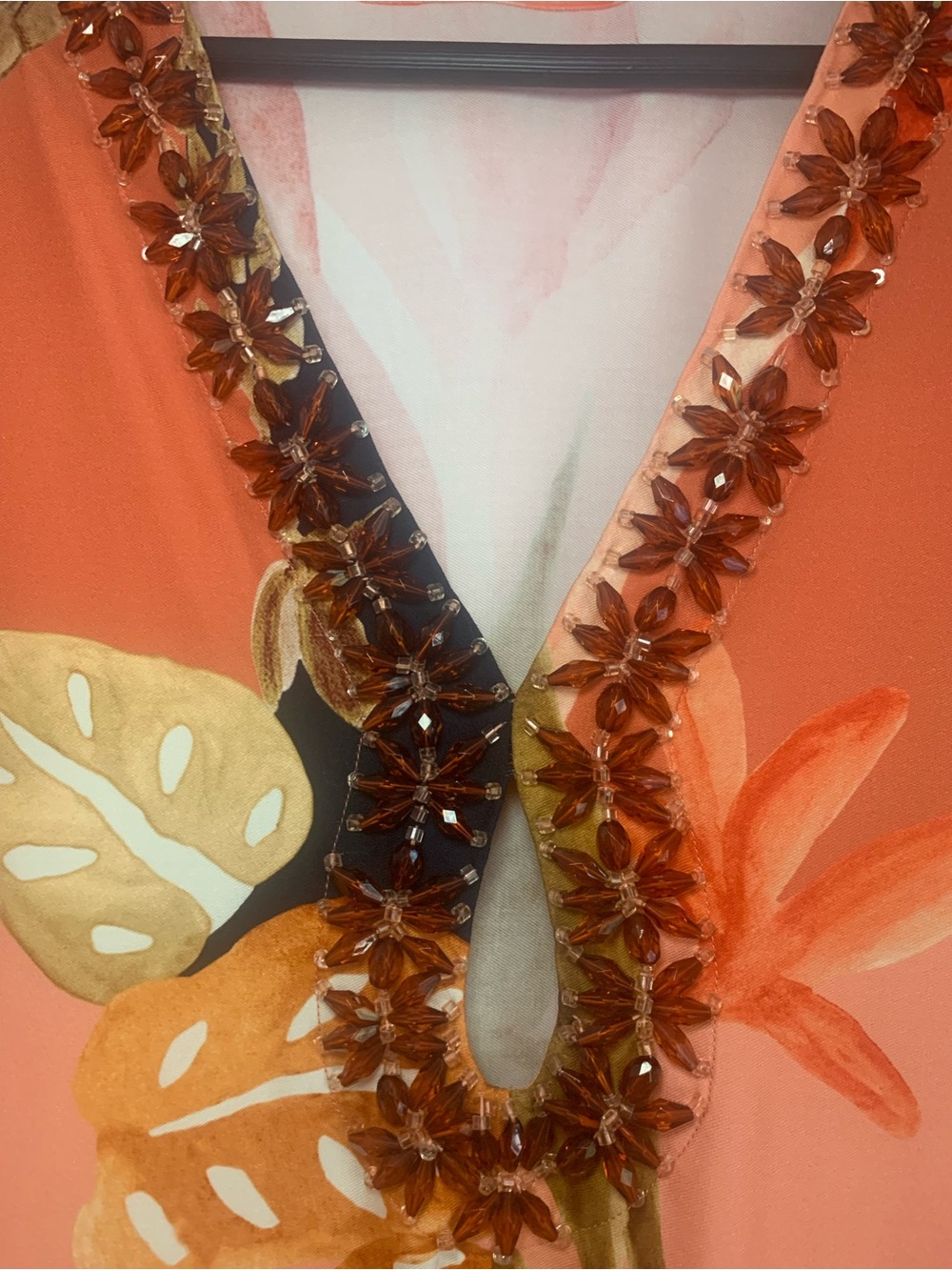 PatBO Bananier Short Coverup | Kaftan in Peach with Beaded Trim and Fringe - Picture 6 of 9